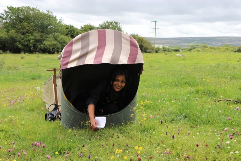 Outdoor artwork set in a Burren meadow